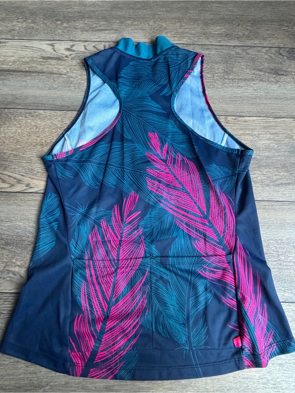 Terry Cycling Mesh Sleeveless Bike Jersey Tank Top Pink Blue Feathers Pockets L - Picture 9 of 12